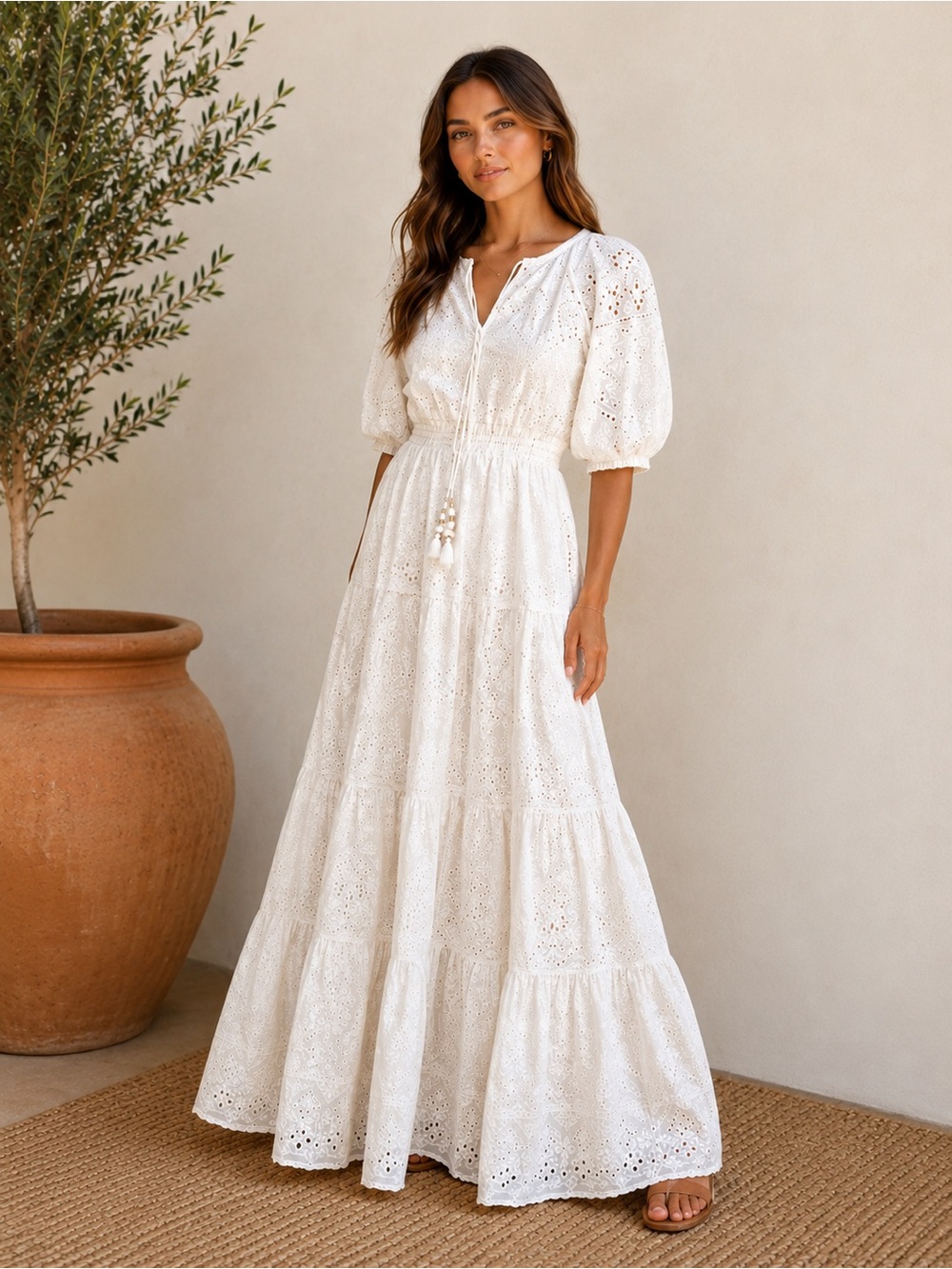 Alicia Bell White Eyelet Embroidered Maxi Dress NWT Small Tassel Resort Cotton